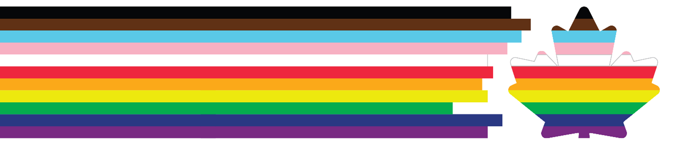 Bannière sur un fond blanc avec une grande ligne se fragmentant en une feuille d'érable. La bannière et la feuille d’érable  montrent les couleurs de l'arc-en-ciel du drapeau de la fierté, soit le noir, le brun, le bleu pâle, le rose pâle, le blanc, le rouge, l'orange, le jaune, le vert, le bleu et le violet.
